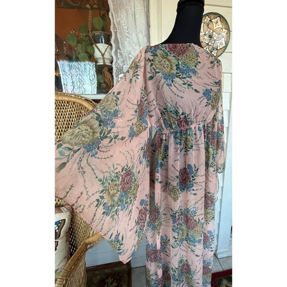 Vintage 60's Pink Floral Chiffon Style Maxi Dress Batwing Sleeves Sz L Boho - Picture 3 of 16